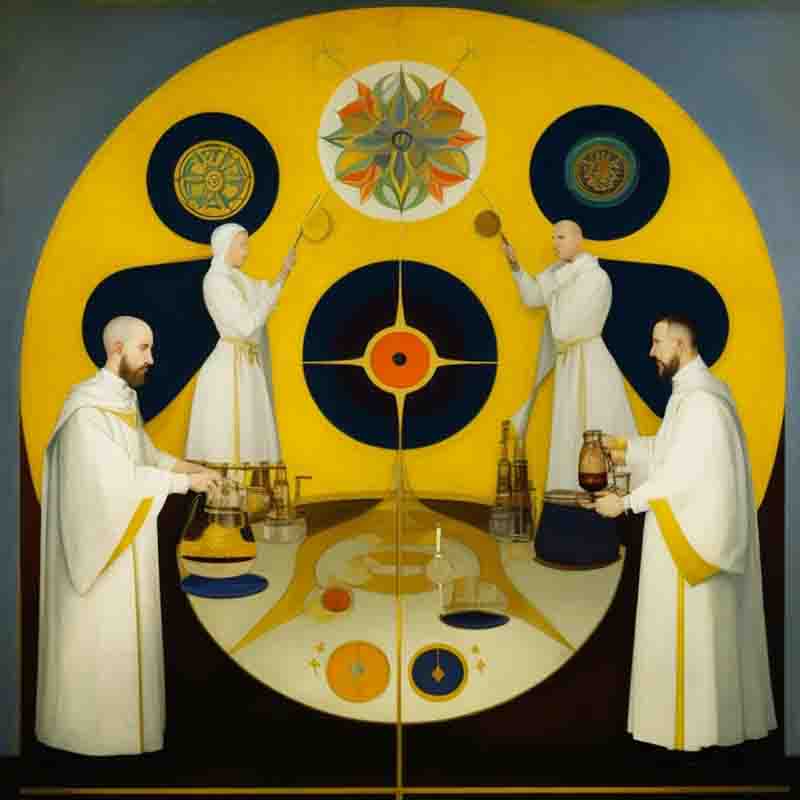 Painting of figures in white robes performing the ritual of brewing beer. The figures are standing on a white platform with a blue and yellow circular design on it.