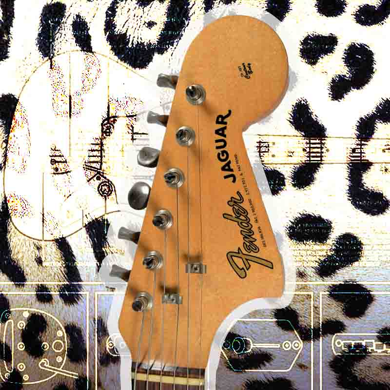 A close-up of a fender jaguar guitar against a jaguar print background, showcasing its intricate details and vibrant design.