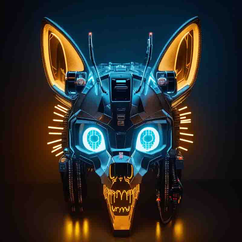 Robotic wolf head with glowing eyes and ears. The glowing eyes and ears add a touch of mystery and intrigue, and the overall appearance of the Wolf head is both familiar and unsettling.