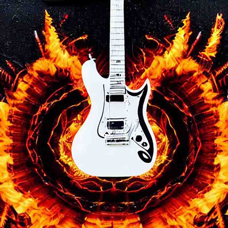 White rock guitar amidst a blaze of fire