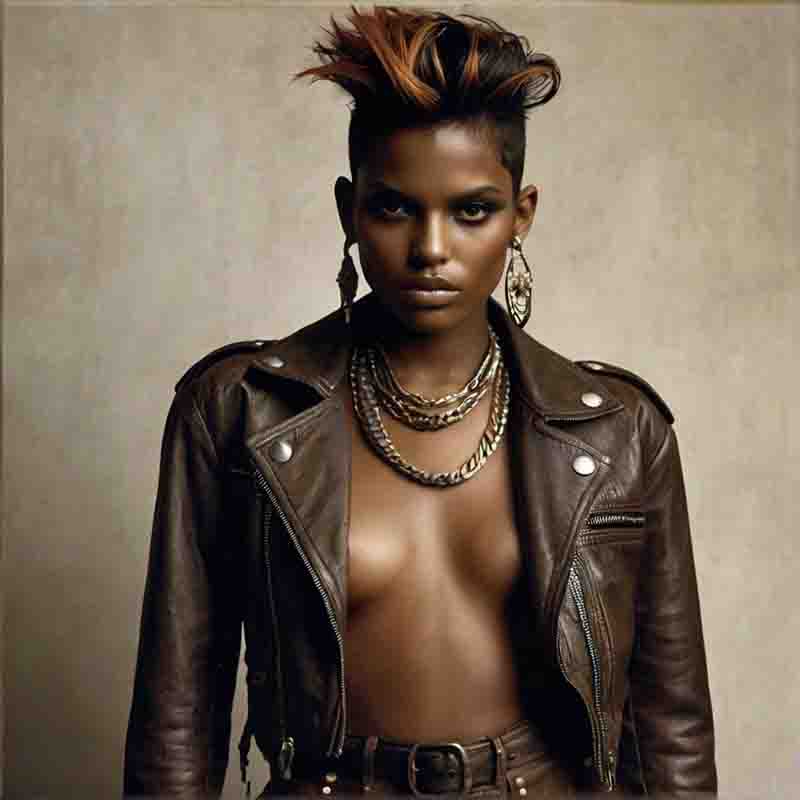 A elegant punk model dressed in a fashionable leather jacket and a stunning necklace.