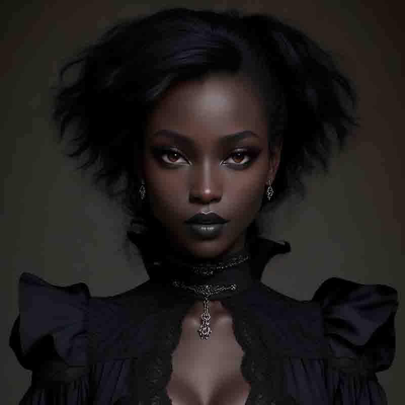 Vamp Chic stunning black woman captivates in her black dress, adorned with exquisite black makeup.