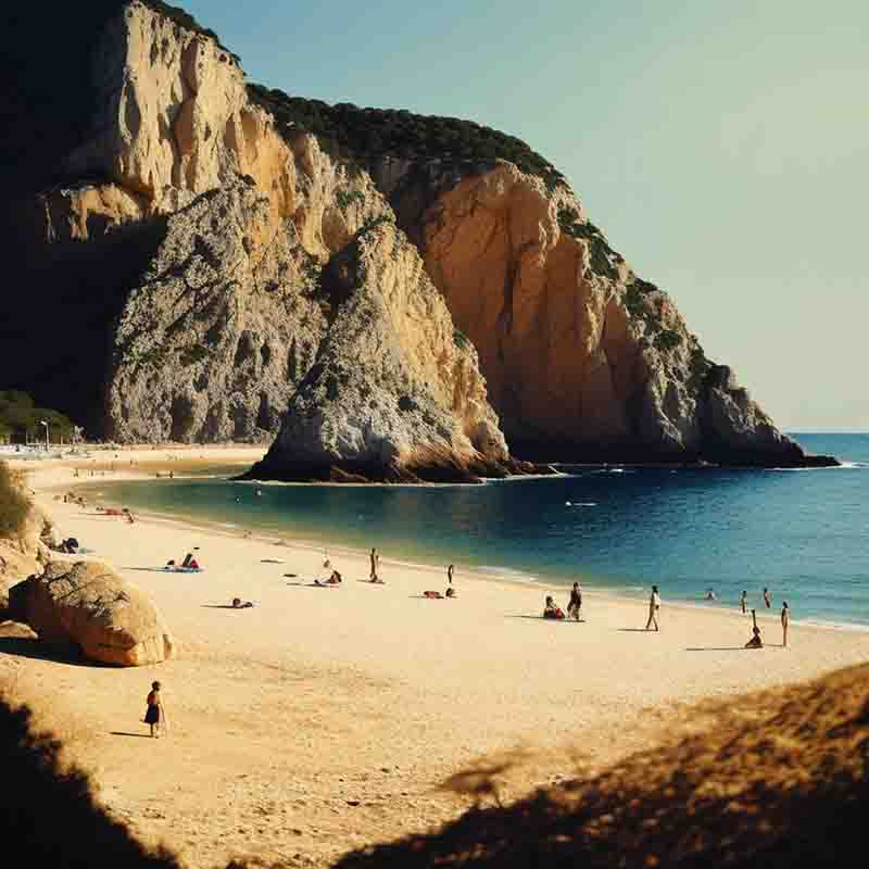 Realistic fine art painting of a calming beach scene in Ibiza with rugged coastline and hills in the background