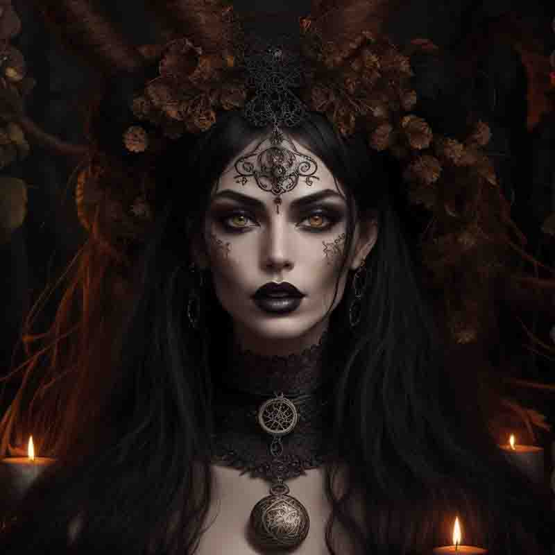 Celtic mystical woman with black makeup with candles during the Samhain ritual.