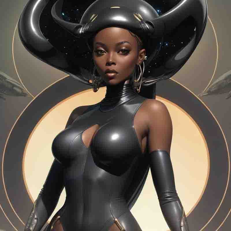 A science fiction sophisticated black woman donning an elegant black suit, complemented by a Sci-Fi grandiose hat.