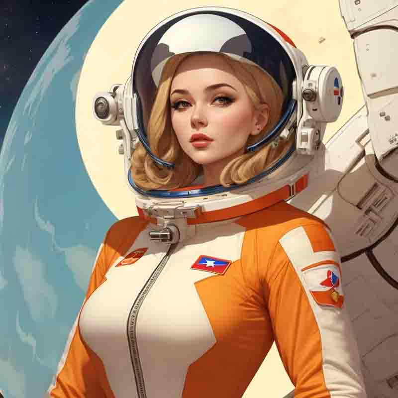 A science fiction woman in an orange space suit stands proudly in front of the moon, showcasing the vastness of space.