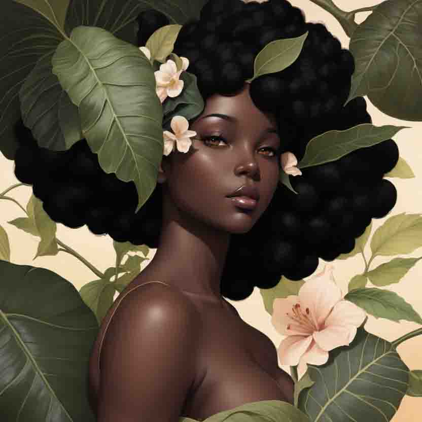 An African woman with vibrant flowers adorning her hair, radiating beauty and cultural richness.