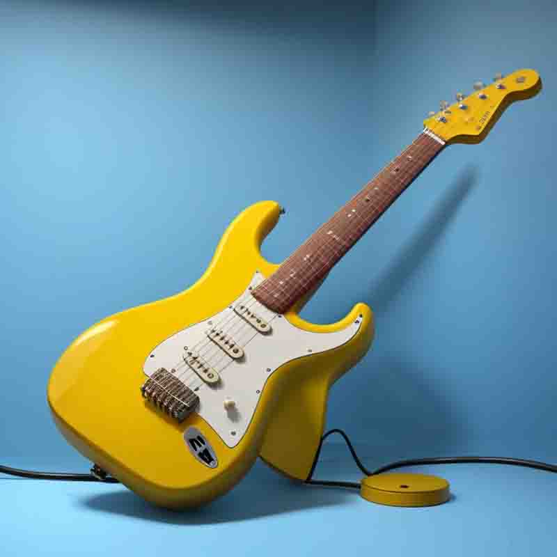 Yellow electric guitar sitting on a blue surface, which is likely a piece of fabric or foam.