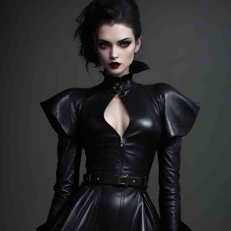 A seductive lady wears a vamp-chic leather dress that exudes a feminine and seductive flair.