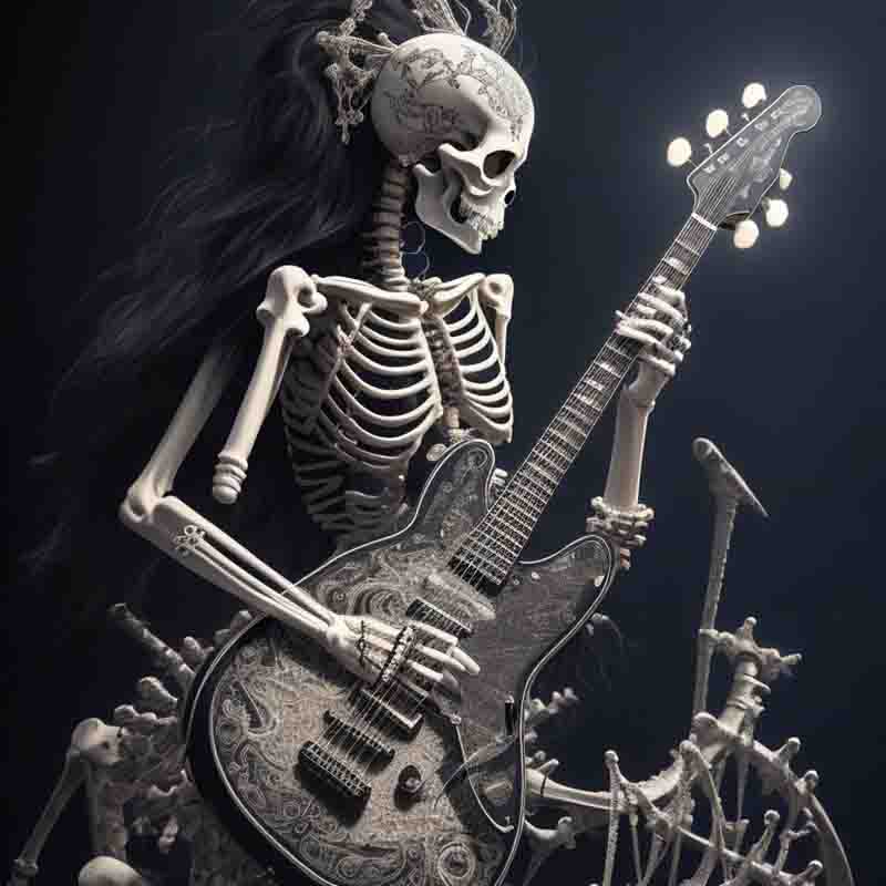 Graceful female skeleton strums a guitar with passion. She stands against a dark and mysterious backdrop.