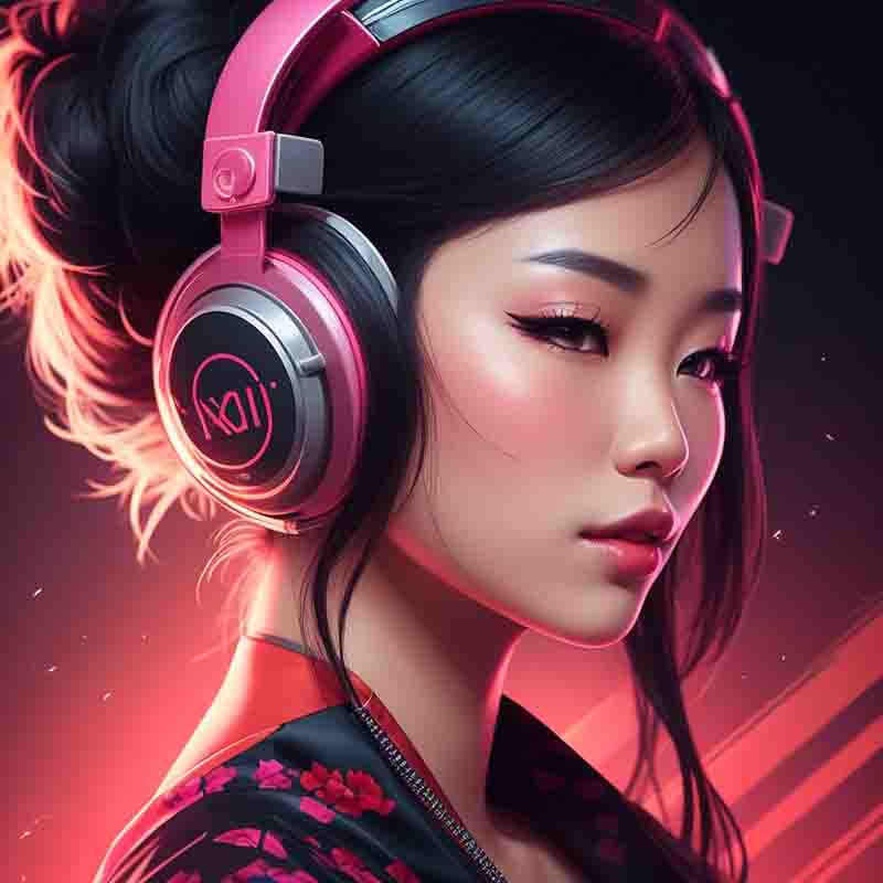 Digital illustration of an sensual Asian House DJ wearing headphones. The background is a gradient of pink and red.