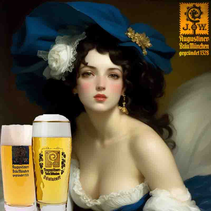 Augustiner beer advertisement painting of a beautiful sensual woman in blue hat, with lush cleavage. In the foreground two mugs with Augustiner beer. The backdrop is kept in a brown tint.