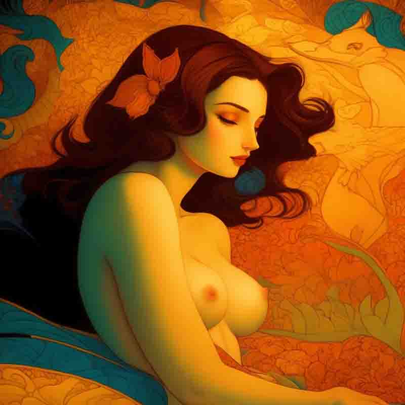 Digital art of a sensual nude. The model is lying on colorful bedsheets in bright autumn colors.