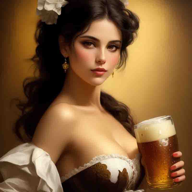 A beautiful sensual woman with dark hair and red lips  in front of a golden brown setting holding a chilled glass of beer in her hand.