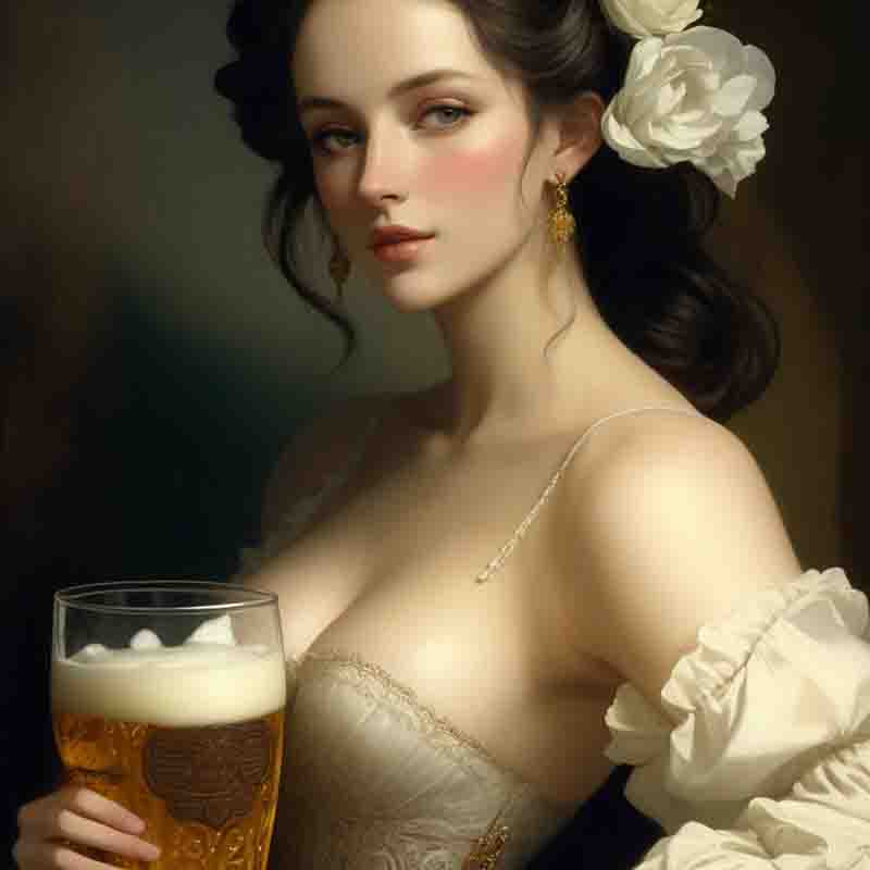 A beautiful brown hair sensual woman holding a chilled glass of beer in her hand