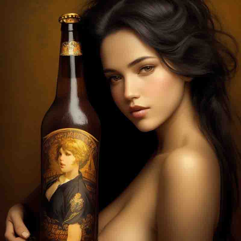 A beautiful sensual woman in front of a golden brown setting holding an oversized beer bottle.