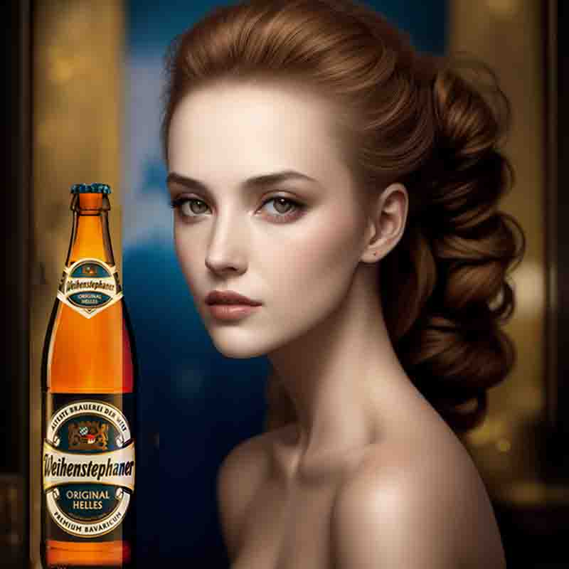 A stunning woman gracefully posing with a Weihenstephaner beer bottle, exuding grace and sophistication.