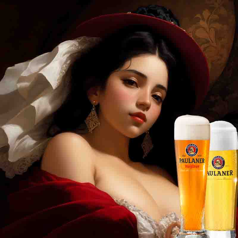 Sensual black hair Paulaner Beer Model wearing a red dress in front of darkbackground. In the foreground a Paulaner Lager glass and a Paulaner wheat beer glass