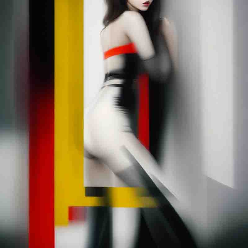 Abstract digital image of a sensual woman. The image is blurred and distorted, with vertical and horizontal lines of different colors running through it.