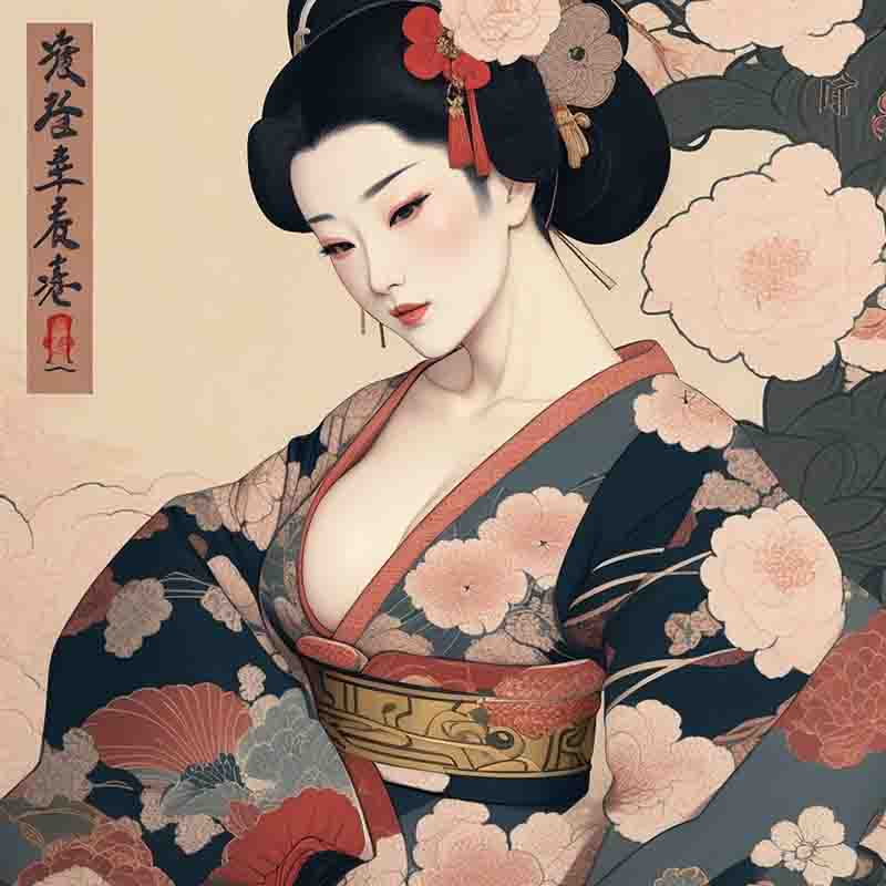 Digital art illustration of a sensual woman in a traditional Japanese kimono with a floral pattern in pink and red. Her hair is styled in a traditional Japanese updo with a red flower and a gold hairpin. The background is beige with a floral pattern in pink and red. There is Japanese text in the top left corner of the image.