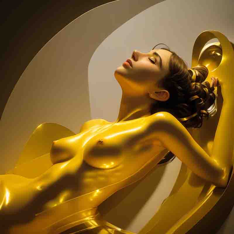 Digital art image of a woman in a civered in gold color. The nude woman’s body is in a stylized form with exaggerated curves.. She is placed in front of brown and beige forms.