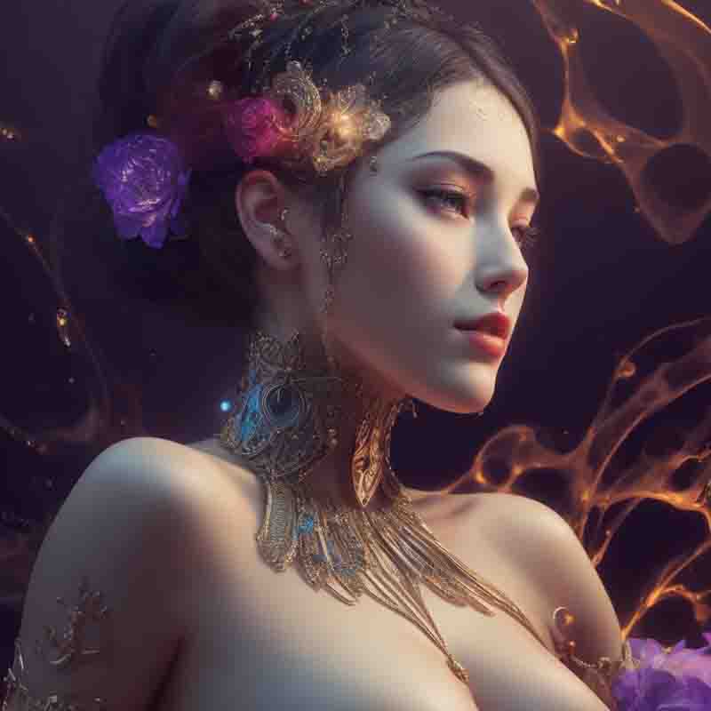 A photo-realistic digital art image of a sensual woman’s upper body. She is wearing a gold necklace and gold shoulder jewelry. The background is dark with orange and gold swirls.