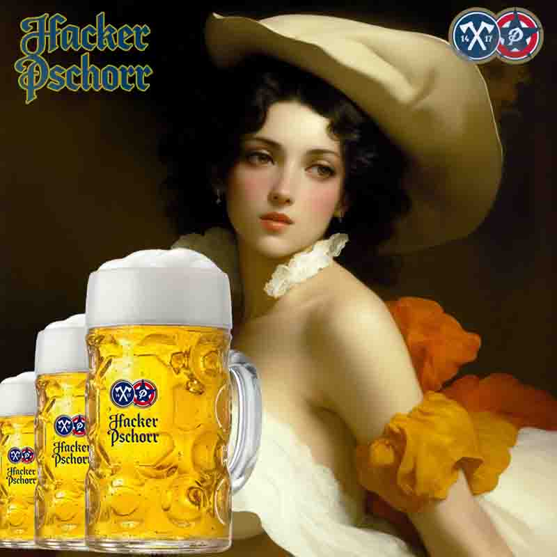 Painting of a sensual beauty decorated with Hacker Pschorr beer glasses together with the Hacker Pschorr company logo