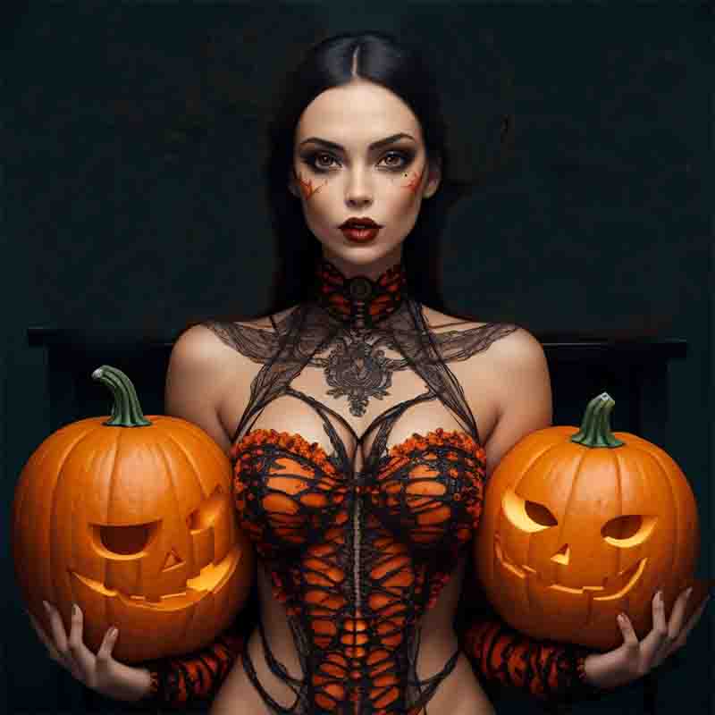 A sensual woman in a Halloween costume, exuding allure, holds a pumpkin in her hands, embodying the spirit of the occasion.