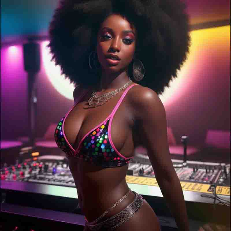 Sensual female black house DJ with afro hairstyle in front of a DJ controller in a neon lit club.