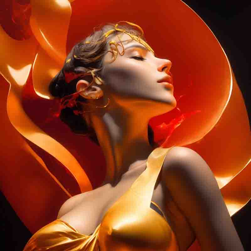 Photo-realistic image of a sensual woman wearing a gold dress.  The background is black with orange and red swirls. The dress is shiny and form-fitting.