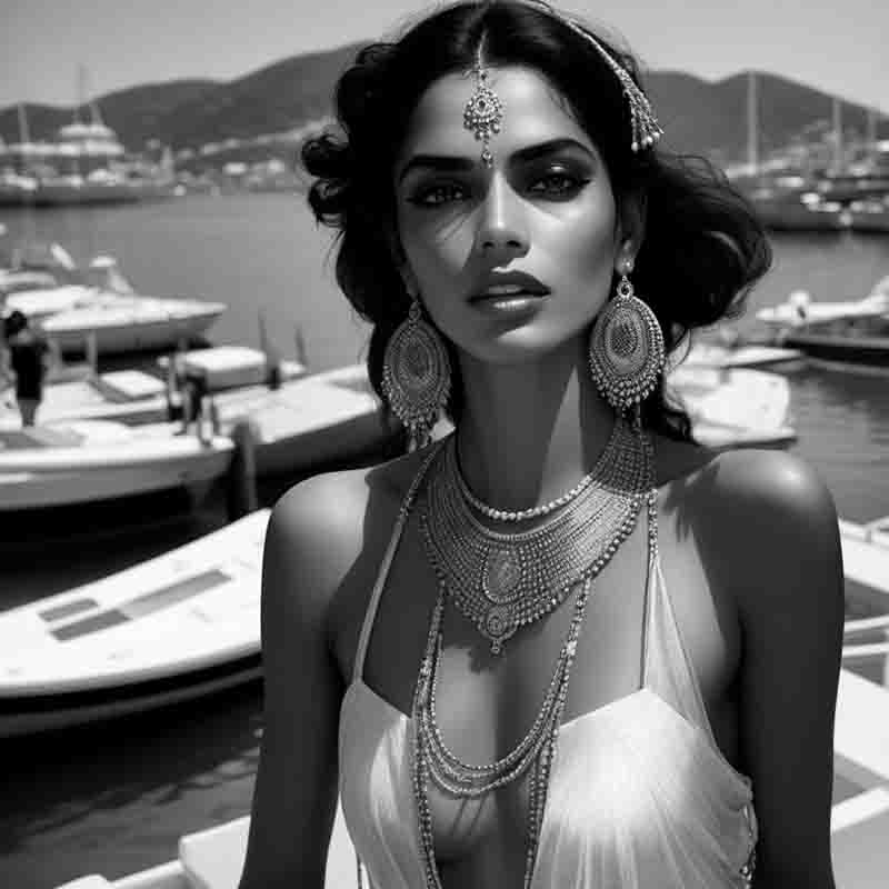 Sensual Indian Woman standing in front of Ibiza Marina filled with boats. She is wearing a white dress and oriental jewelery. The location is the Ibiza marina.
