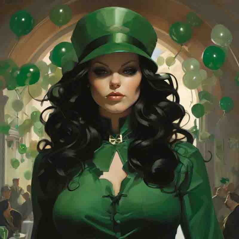 Elegant Irish lady in green attire and green hat with green balloons in the background.