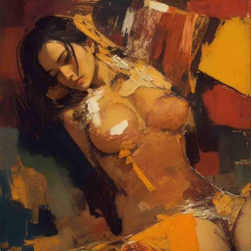 Sensual nude model with long black hair in an abstract image composition in red, yellow, and earth tones.