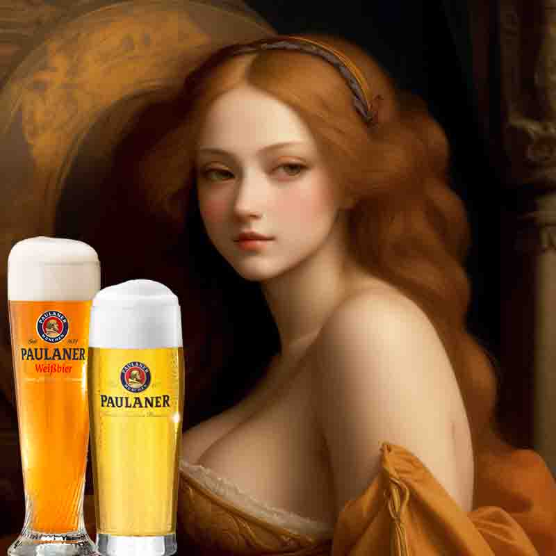Sensual Paulaner Beer Model in front of gilded background. In the foreground a Paulaner Lager glass and a Paulaner wheat beer glass
