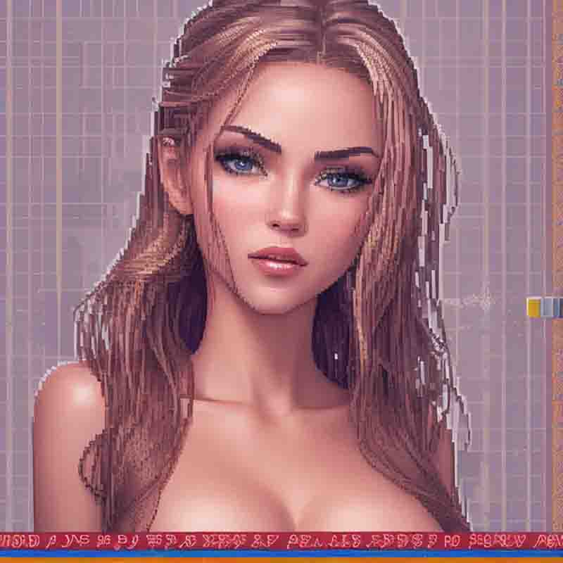 A charming 8-bit erotic girl with long hair and a blue dress, exuding sensuality and grace