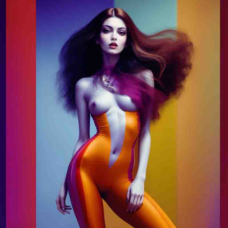 A sensual woman wearing a vibrant colorful ensemble poses for a professional photo shoot.  She is standing against a colorful backdrop.