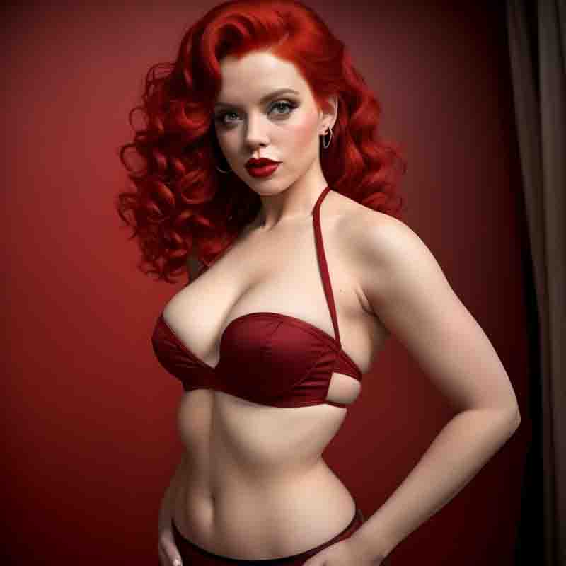 Beautiful redhead woman with boudoir appearances in sensual red lingerie with gaze filled with allure in front of a red wall.