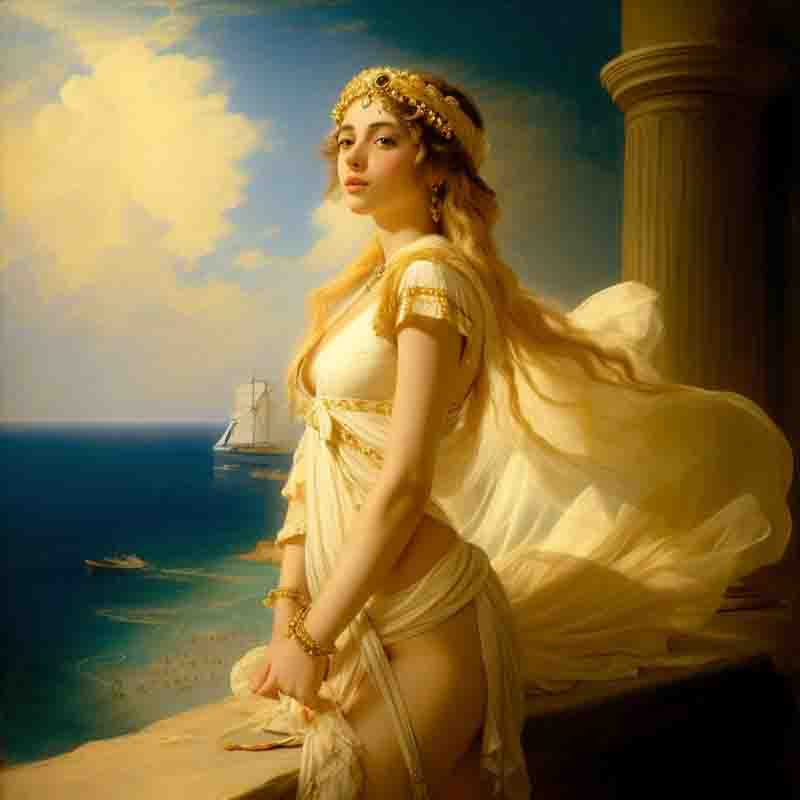Painting of a beautiful sensual woman with billowing robe looking at the sea with ship sailing in the distance.