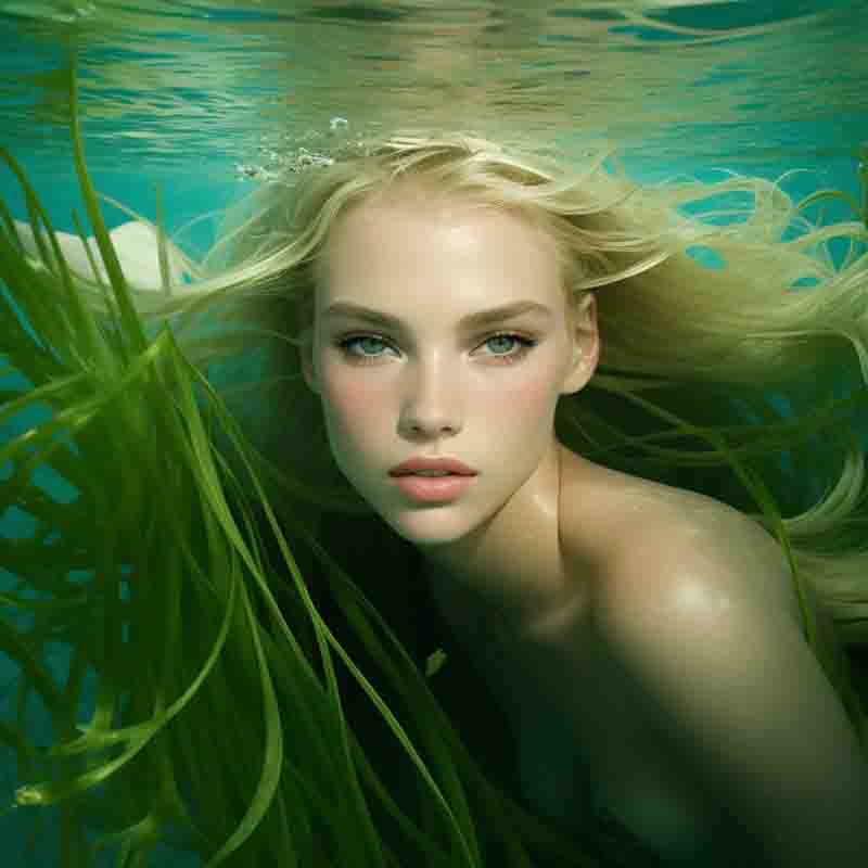 Ibiza mermaid swimming underwater in a greenish-blue body of water. Her hair, which is blonde, floats around their head in a mesmerizing dance with the water. The Ibiza Posidonia Oceanica Seagrass Meadows plants, long and green, sway gently around her, creating a sense of harmony with nature.