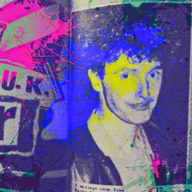 Blue, yellow and purple art collage featuring impresario, visual artist, musician, fashion designer and Sex Pistols manager Malcolm Robert Andrew McLaren.