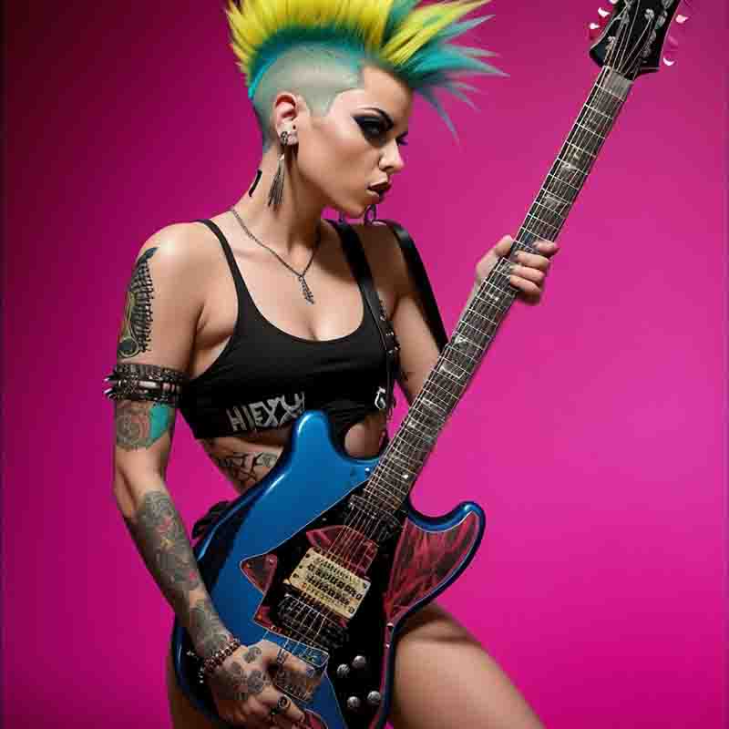 Punk Rock Babe in seductive pose with electric guitar against pink backdrop