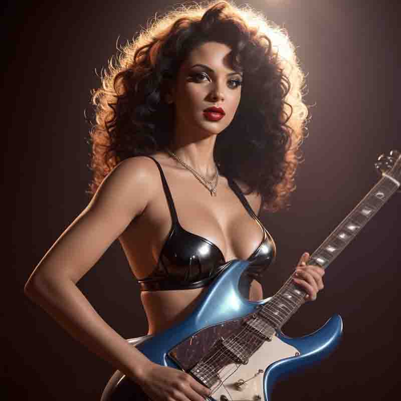 Sexy dressed woman in seductive pose with blue and white electric guitar 