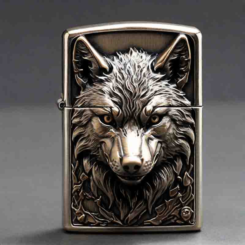 A silver Zippo lighter featuring a wolf head design.