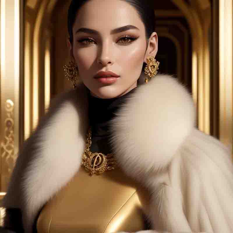 Elegant woman wearing a gold dress and fur coat, exuding sophistication and style.