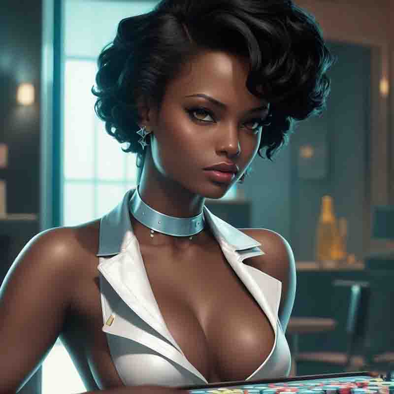 A stylish black woman in an elegant white top, gracefully seated at a lavish table adorned with a captivating casino ambiance.