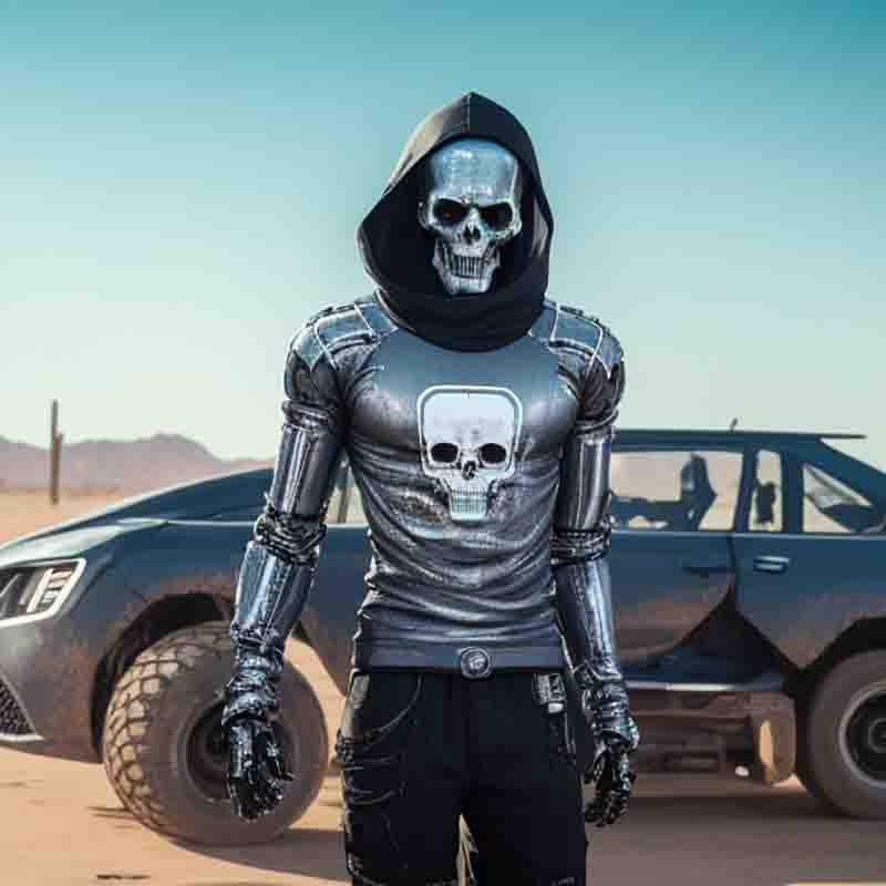 Man wearing a skull mask and silver skull shirt standing next to a car in the desert. The skull mask covers his entire head