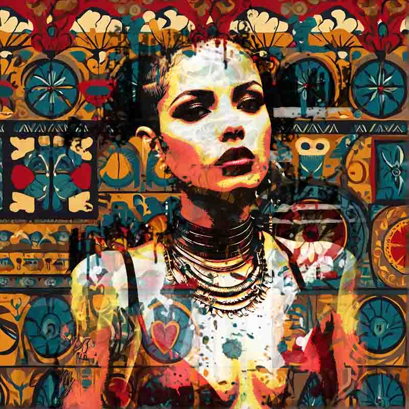 Sensual Latin woman with tattoos and piercings depicted in a digital painting.