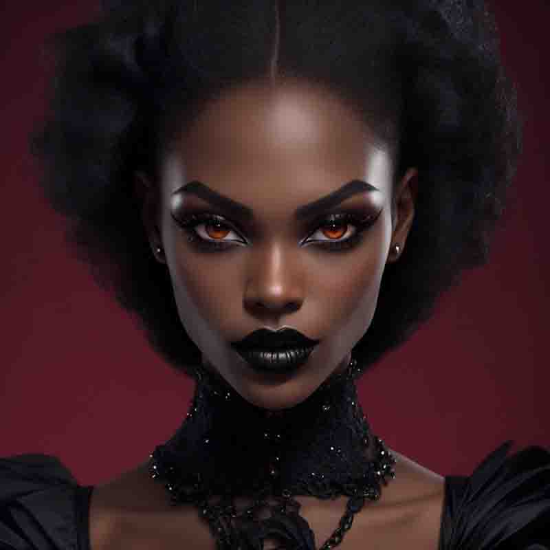 African woman with dark makeup and black lips, showcasing cultural diversity.