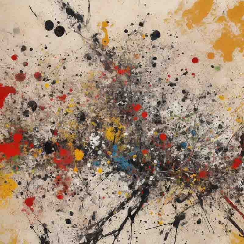 Painting that is predominantly black and white with splashes of red, blue, and yellow. The painting is made up of splatters, drips, and lines of paint. The background is a light beige color.