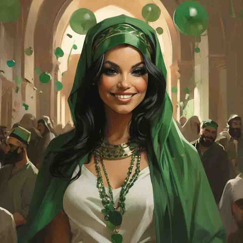Enchanting woman exuding elegance in her green and white attire, accentuated by a stunning green head scarf during St. Patrick's Day celebrations.